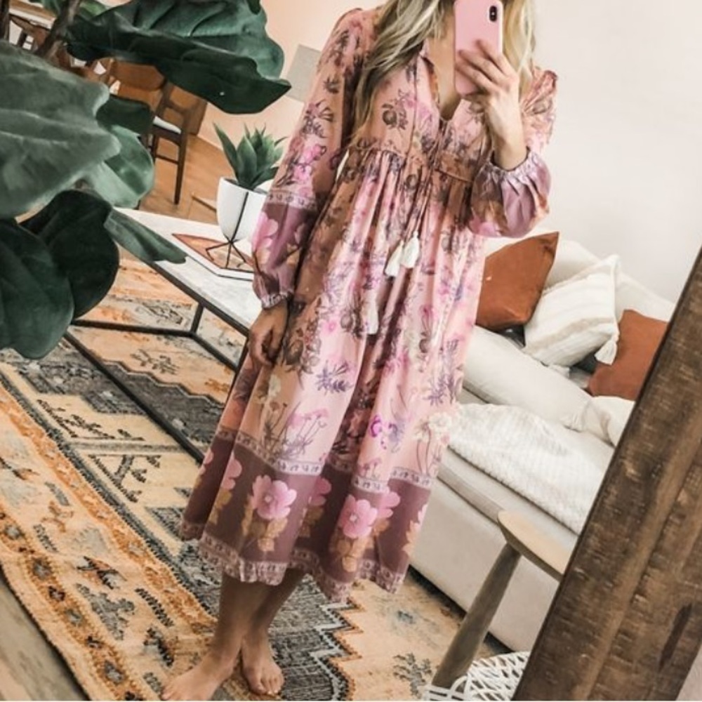 Bohemian Floral Midi Tassle Dress in Pink Size M